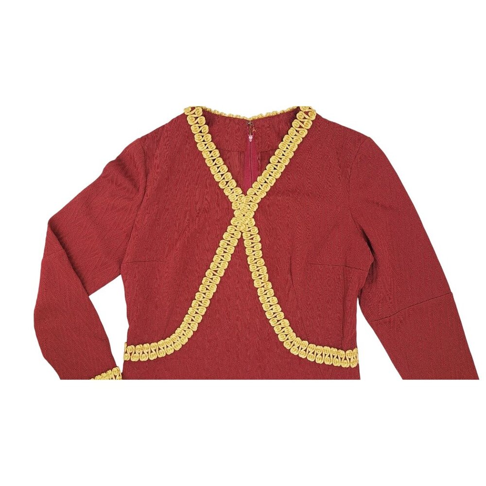 Vintage Handmade Maroon Dress Gold Gimp Trim Long Sleeve Chevron Texture Zip 70s - Picture 5 of 16